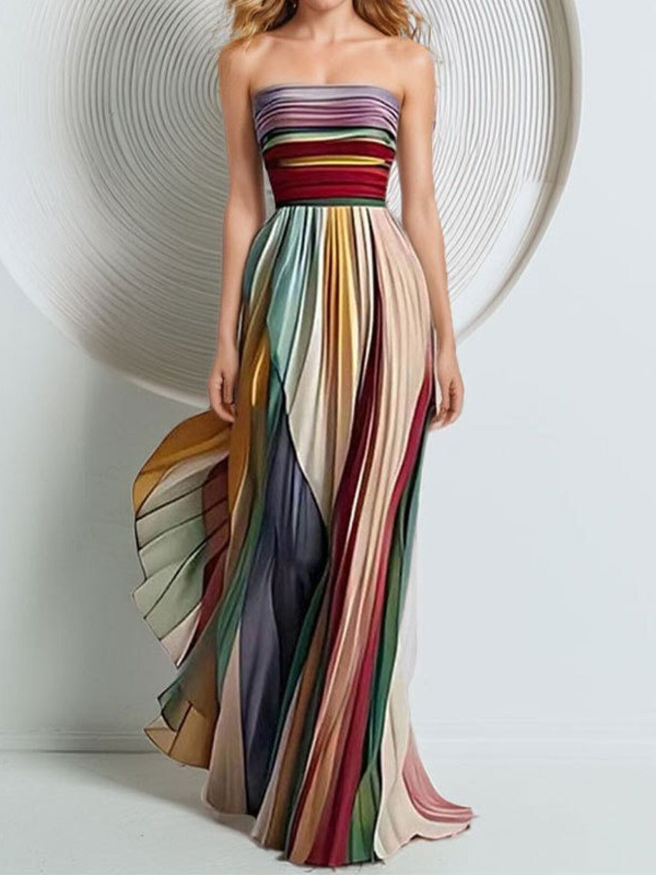 Striped Pleated Strapless Maxi Dress Multicolor / 2XL