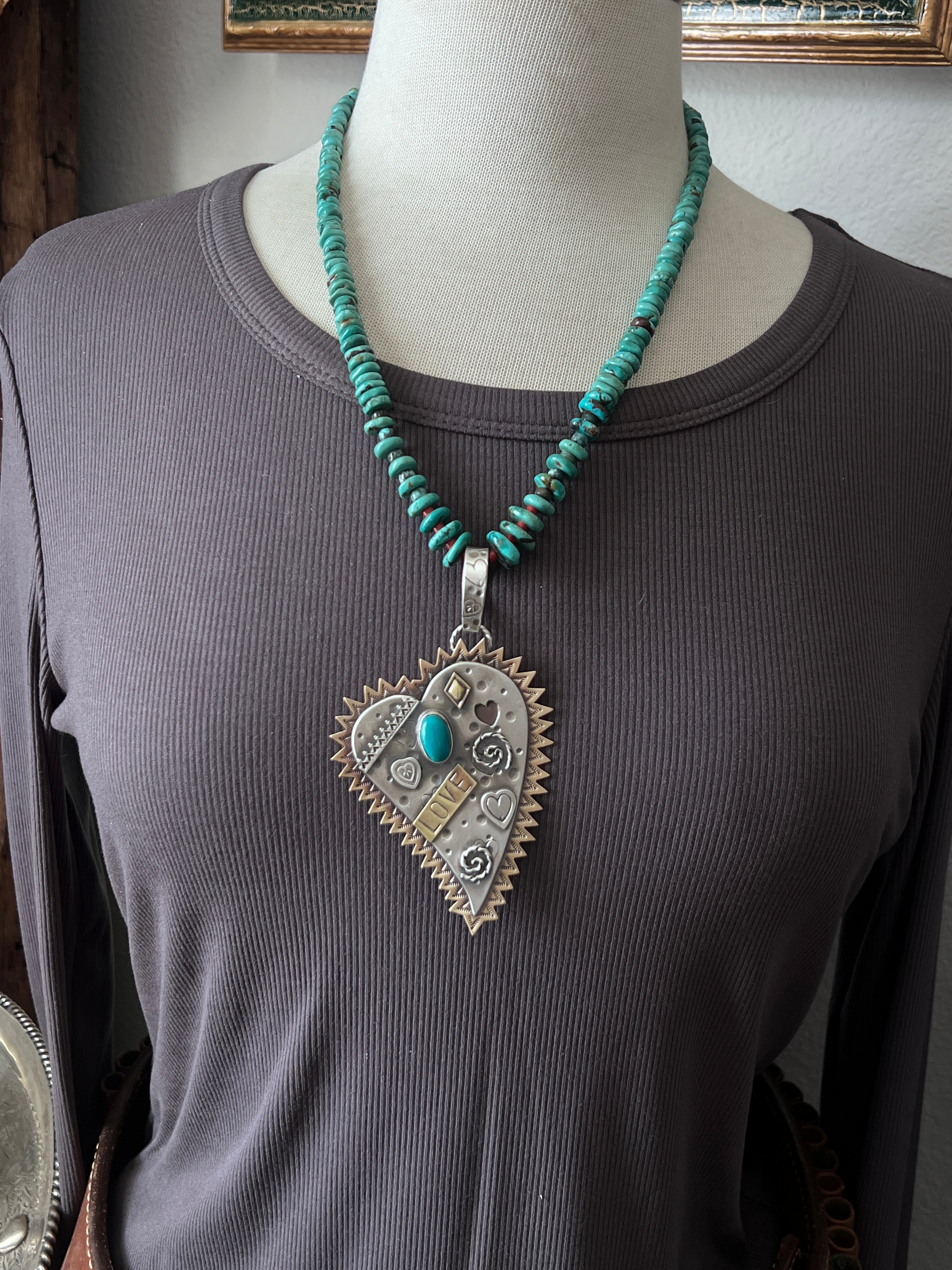 Kimari Somers Hand Stamped Sterling Silver, Brass & Turquoise Queen of Hearts Pendant