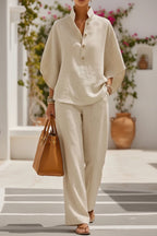 Women's Linen-Look Stand Collar Batwing Top & Wide-Leg Pants Set