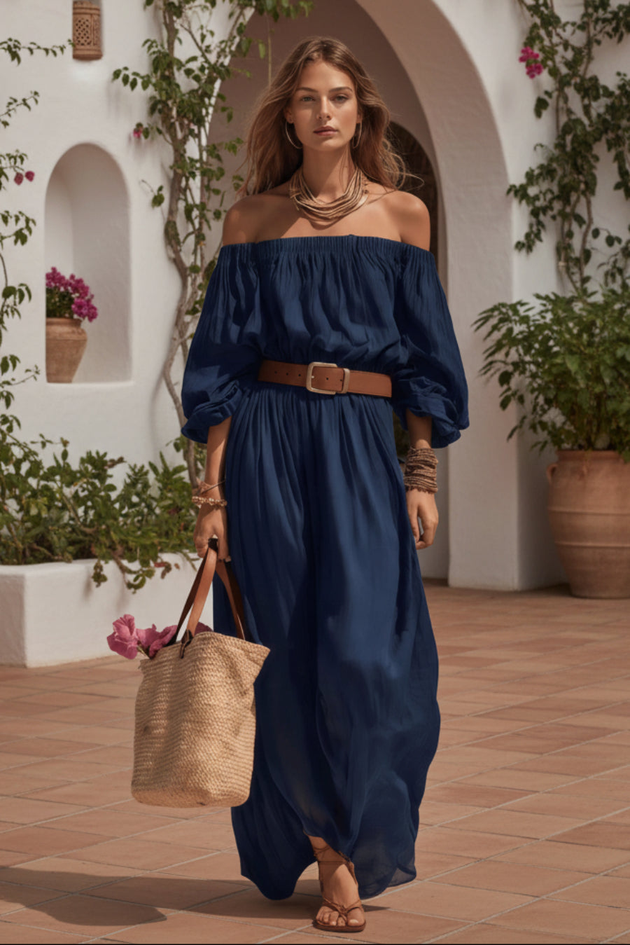 Women's Off-Shoulder Balloon Sleeve Maxi Dress