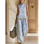 Printed Retro Sleeveless Top & Wide-Leg Pants Set | 12 Prints S–5XL