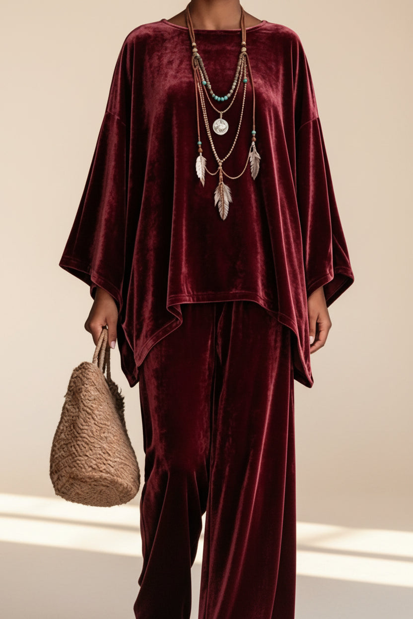 Women's Velvet Batwing Cape-Sleeve Poncho Tunic & Wide-Leg Pants Set
