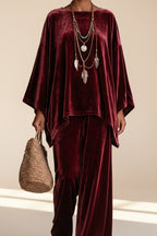 Women's Velvet Batwing Cape-Sleeve Poncho Tunic & Wide-Leg Pants Set