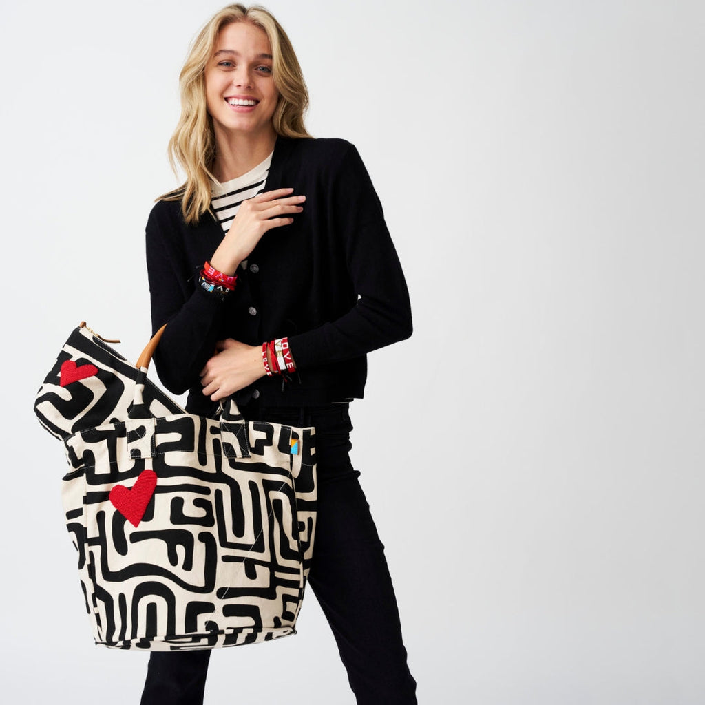 XLarge Convertible Pouch - Black Kuba with Red Beaded Heart