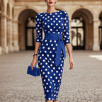 Women's Retro Polka-Dot Bodycon Midi Dress | Belted Waist Slim Fit