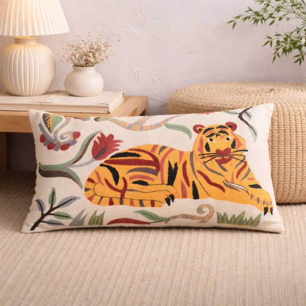 Floral Safari Tiger Pillow | 24x14" | Cotton Fabric