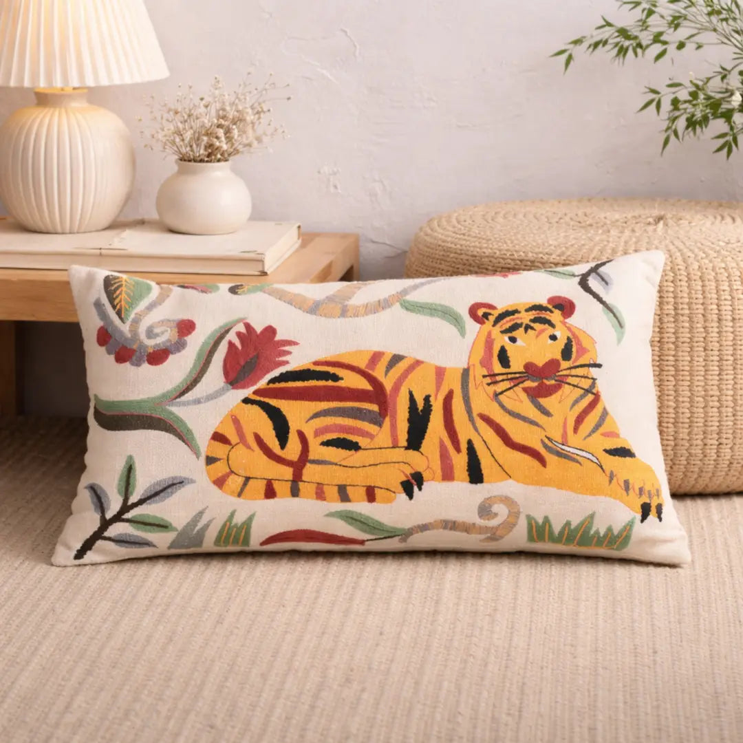 Floral Safari Tiger Pillow | 24x14" | Cotton Fabric
