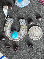 Kimari Somers Hand Stamped Sterling Silver Heart Motif Horseshoe Pendant with Brass & Royston Turquoise