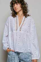 POL Lace Eyelet Long Sleeve Cotton Blouse