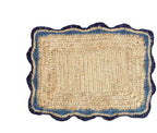 Garden Party placemats with Blue Edges, Handmade Woven Rectangular Table Mats, Natural raffia boho Placemat for Dining Table