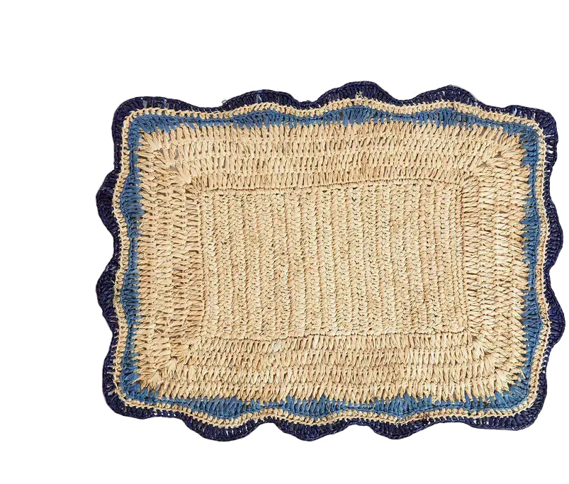 Garden Party placemats with Blue Edges, Handmade Woven Rectangular Table Mats, Natural raffia boho Placemat for Dining Table