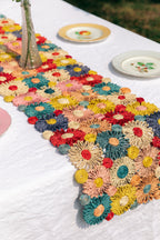 Fleur Raffia Flower Table Runner, Multicolor Flowers Woven Tabletop