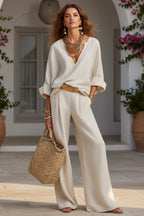 Women's Linen-Style Two-Piece Set – V-Neck Top & Wide-Leg Pants