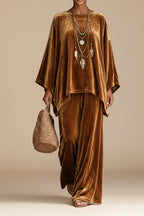 Women's Velvet Batwing Cape-Sleeve Poncho Tunic & Wide-Leg Pants Set