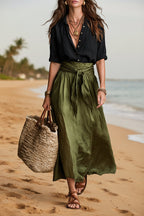Button-Down Shirt & High-Waist Tie Skirt Two-Piece Set