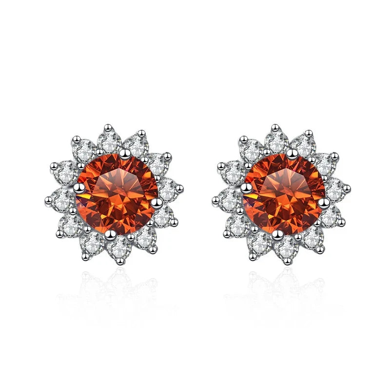 Colored Sunflower Halo Moissanite Stud Earrings in Silver