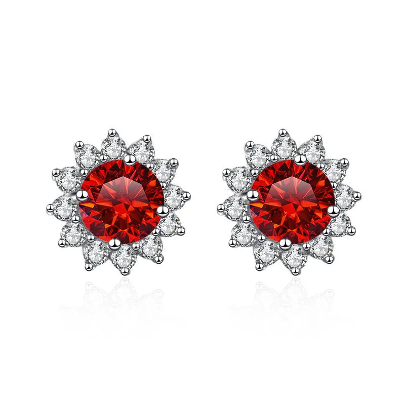 Colored Sunflower Halo Moissanite Stud Earrings in Silver