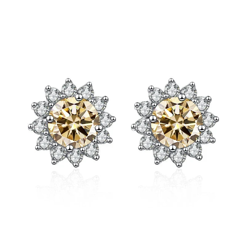 Colored Sunflower Halo Moissanite Stud Earrings in Silver