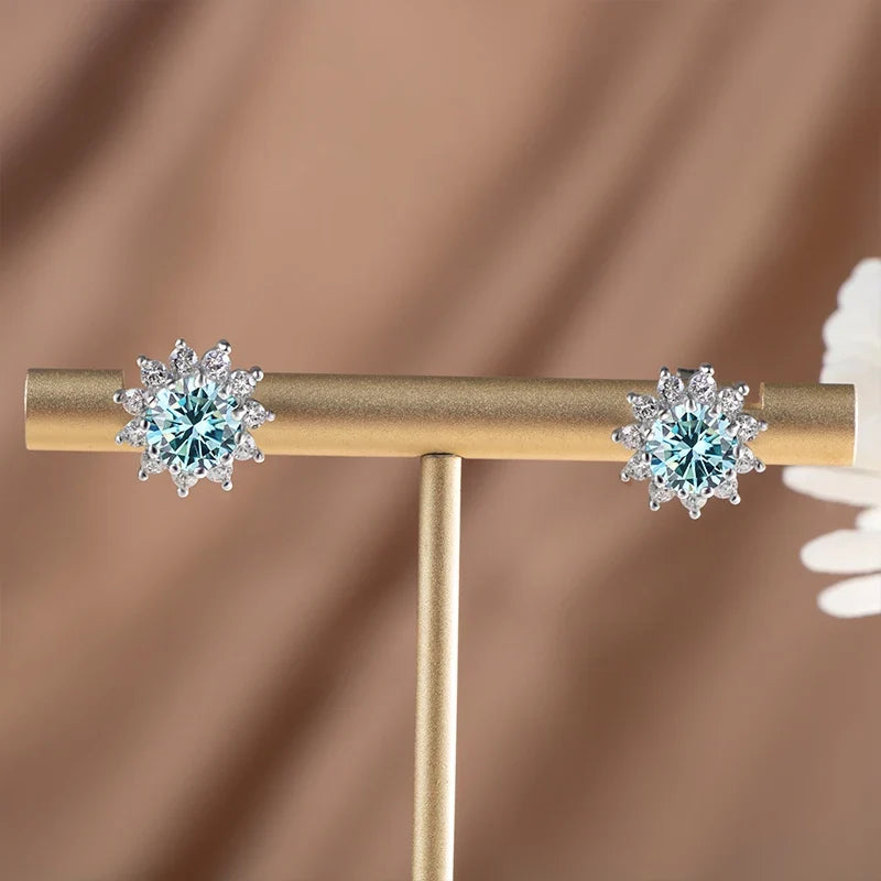 Colored Sunflower Halo Moissanite Stud Earrings in Silver