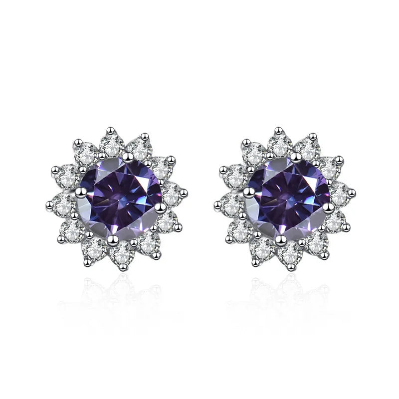 Colored Sunflower Halo Moissanite Stud Earrings in Silver