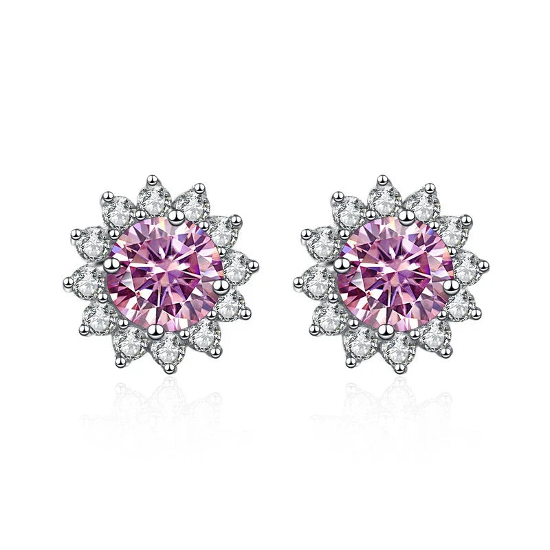 Colored Sunflower Halo Moissanite Stud Earrings in Silver