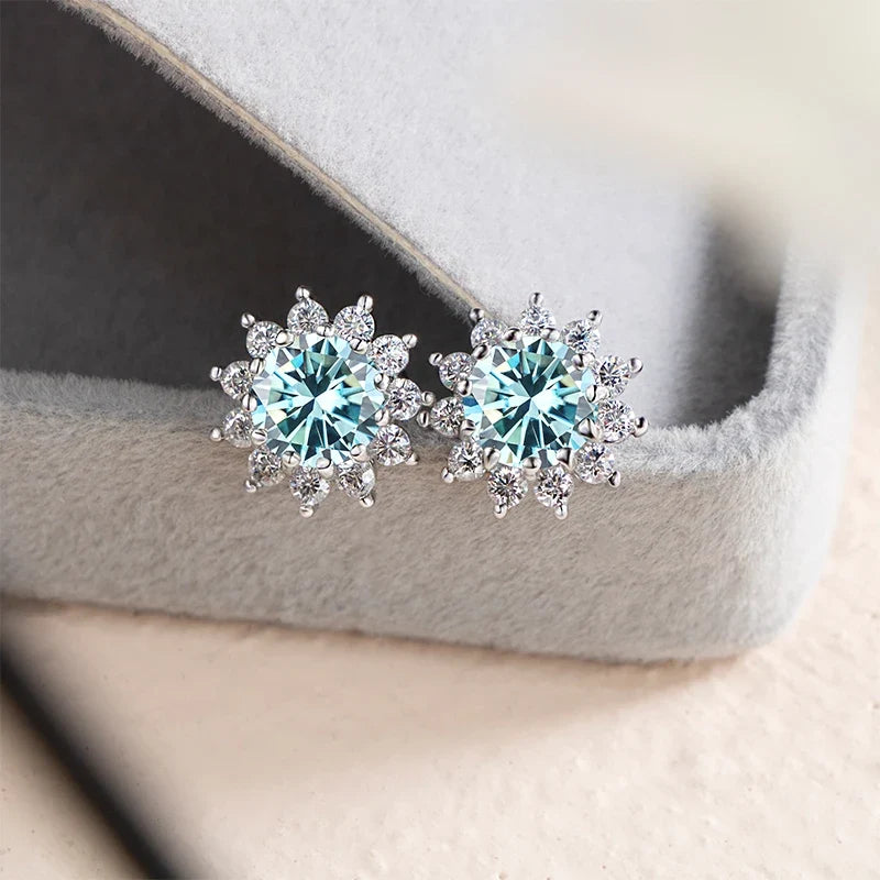Colored Sunflower Halo Moissanite Stud Earrings in Silver