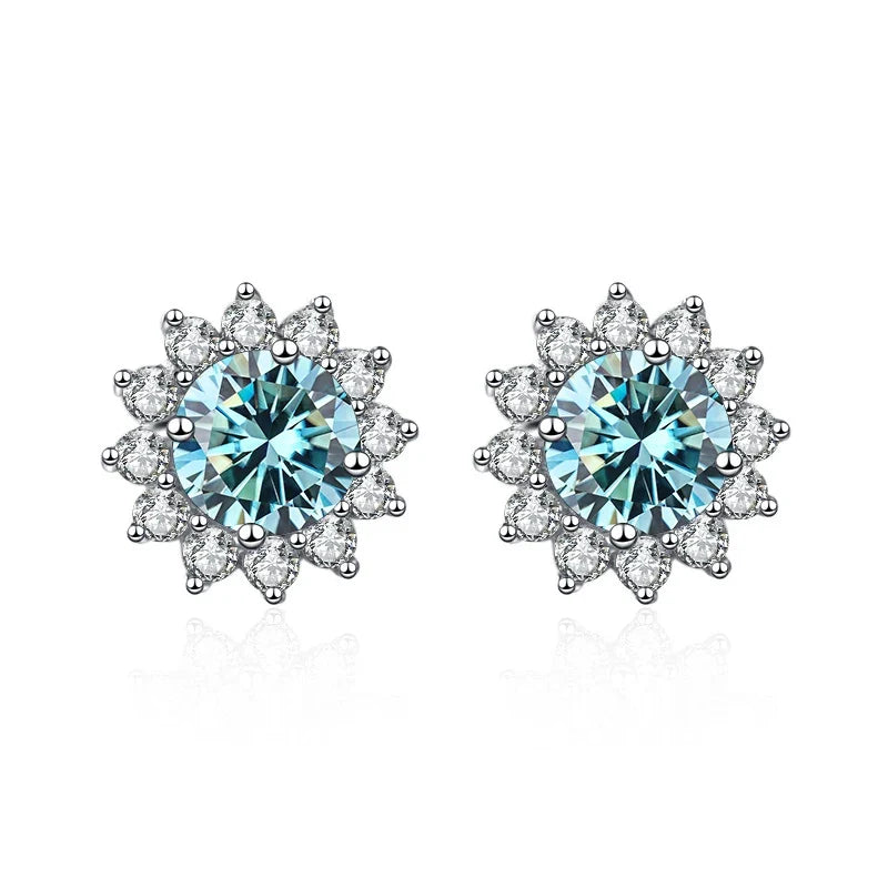 Colored Sunflower Halo Moissanite Stud Earrings in Silver