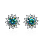 Colored Sunflower Halo Moissanite Stud Earrings in Silver