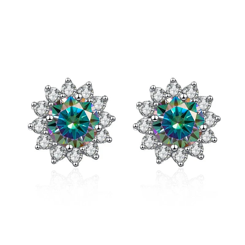 Colored Sunflower Halo Moissanite Stud Earrings in Silver