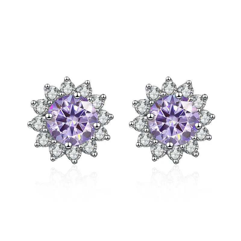 Colored Sunflower Halo Moissanite Stud Earrings in Silver