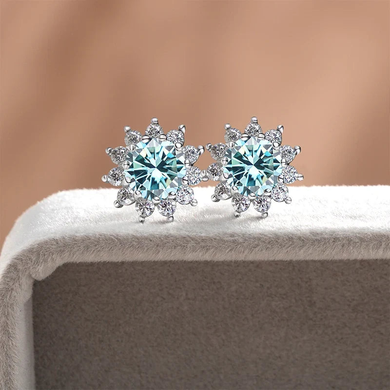 Colored Sunflower Halo Moissanite Stud Earrings in Silver