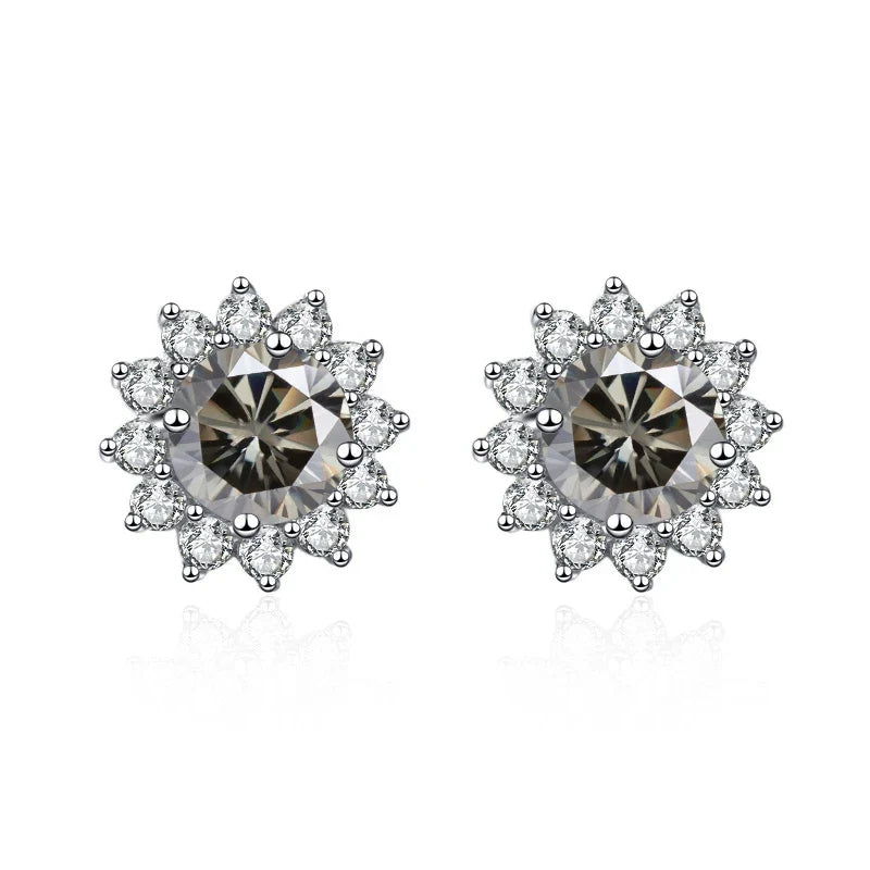 Colored Sunflower Halo Moissanite Stud Earrings in Silver