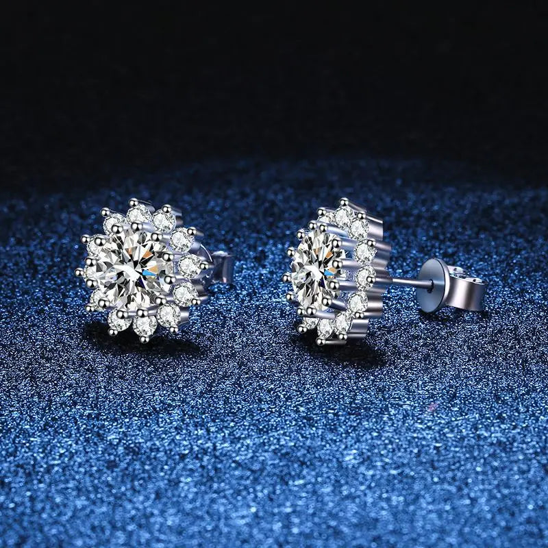 Colored Sunflower Halo Moissanite Stud Earrings in Silver