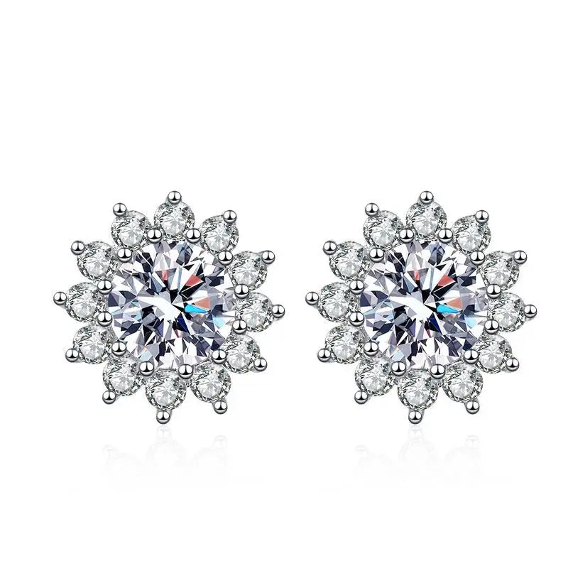 Colored Sunflower Halo Moissanite Stud Earrings in Silver