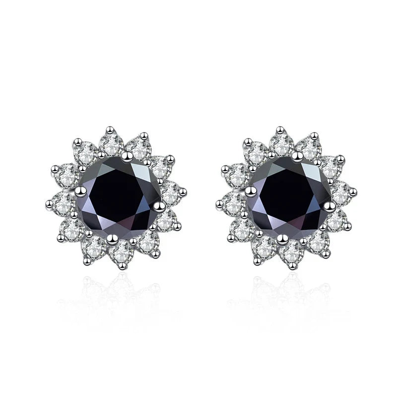 Colored Sunflower Halo Moissanite Stud Earrings in Silver