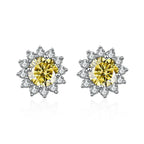 Colored Sunflower Halo Moissanite Stud Earrings in Silver