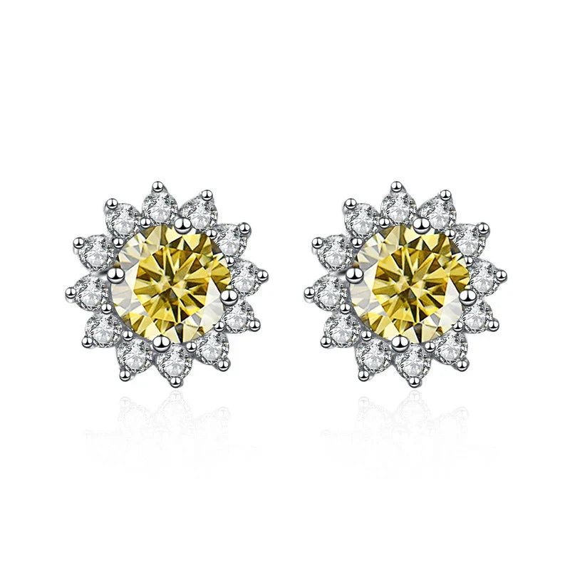 Colored Sunflower Halo Moissanite Stud Earrings in Silver