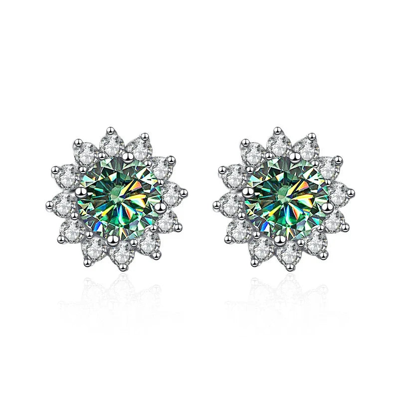 Colored Sunflower Halo Moissanite Stud Earrings in Silver