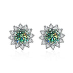 Colored Sunflower Halo Moissanite Stud Earrings in Silver