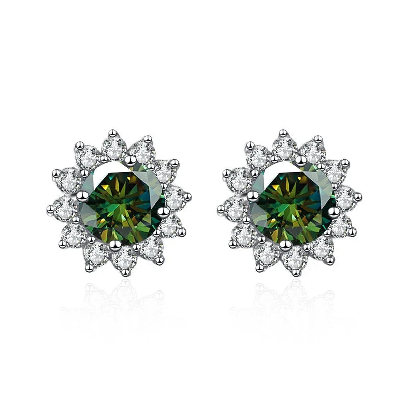 Colored Sunflower Halo Moissanite Stud Earrings in Silver