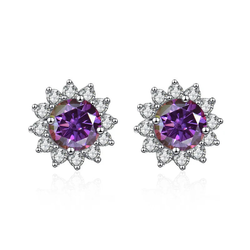 Colored Sunflower Halo Moissanite Stud Earrings in Silver