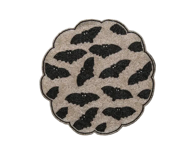 Halloween Bat Beaded Placemat Handmade Round Black Gold Table Decor Gothic Dining Mat Scalloped Edge Spooky Party Setting Gift
