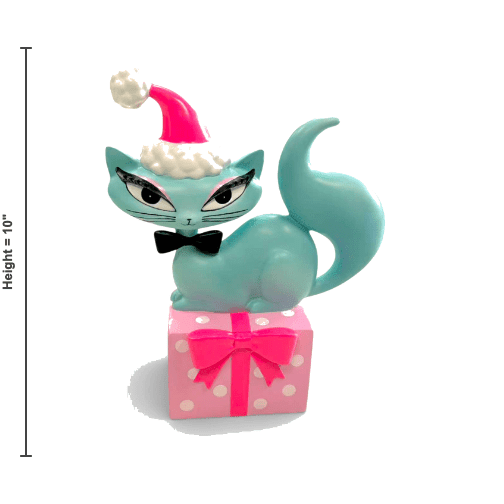 10" Teal Retro Swanky Christmas Kitty Figurine | Miss Fluff December Diamonds - Che Cose Belle