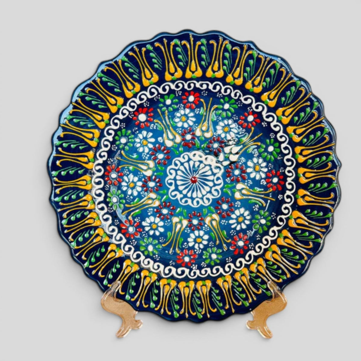 10” Turkish Ceramic Handmade & Painted Plate - Blue, Green, Yellow Dot Art Floral Tulip Patterned - Wall Hanging or Stand Use - Che Cose Belle