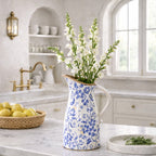10.5” Floral Tuscan Ceramic Blue Scroll Pitcher Vase - Che Cose Belle