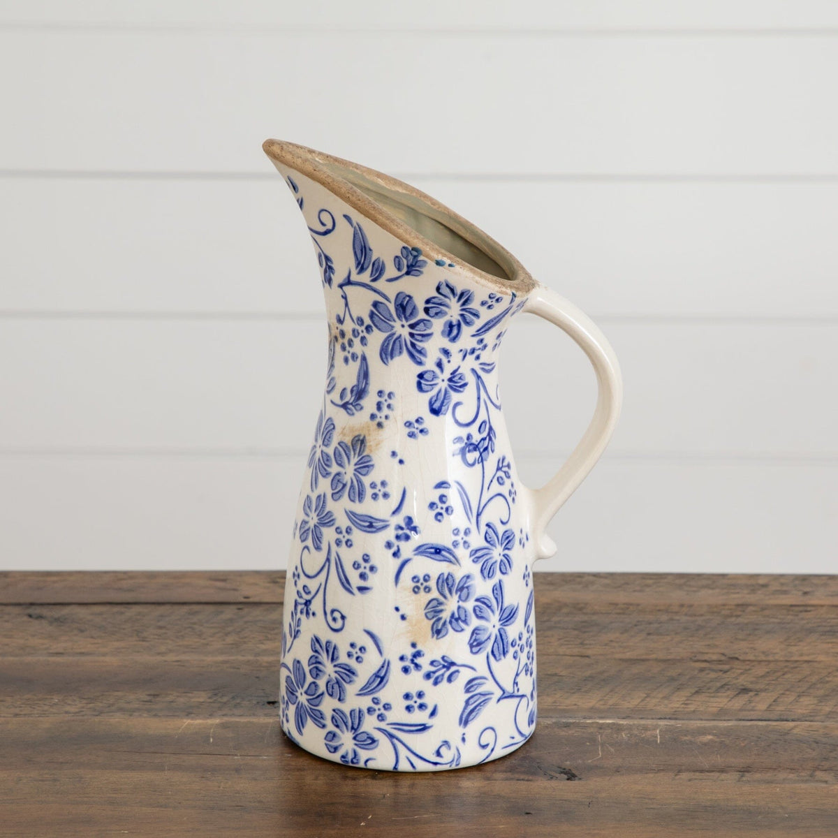 10.5” Floral Tuscan Ceramic Blue Scroll Pitcher Vase - Che Cose Belle