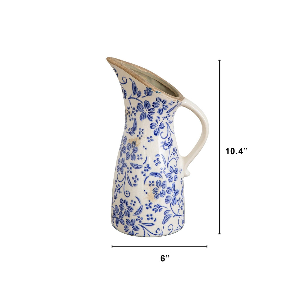 10.5” Floral Tuscan Ceramic Blue Scroll Pitcher Vase - Che Cose Belle