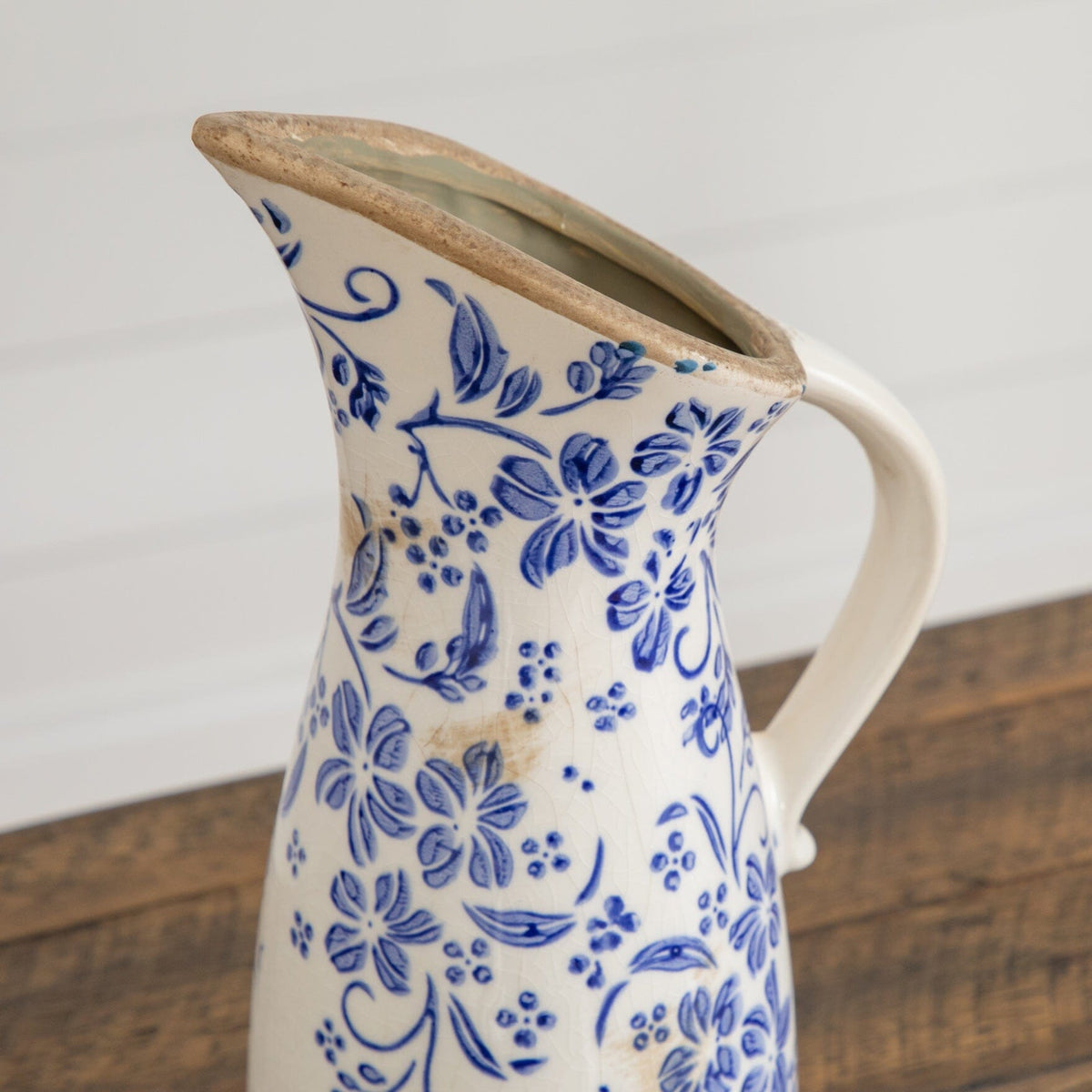 10.5” Floral Tuscan Ceramic Blue Scroll Pitcher Vase - Che Cose Belle