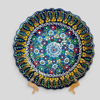 10” Turkish Ceramic Handmade & Painted Plate - Blue, Green, Yellow Dot Art Floral Tulip Patterned - Wall Hanging or Stand Use