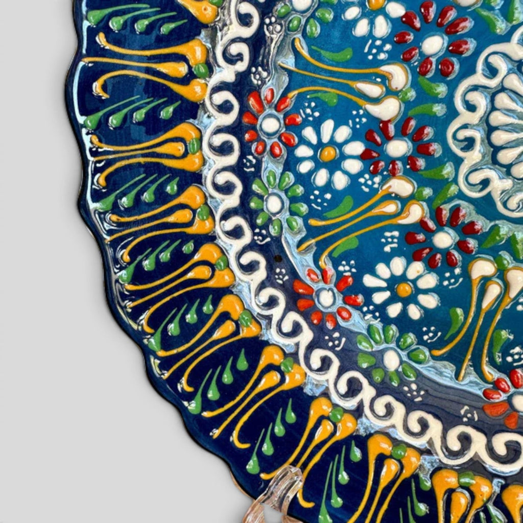 10” Turkish Ceramic Handmade & Painted Plate - Blue, Green, Yellow Dot Art Floral Tulip Patterned - Wall Hanging or Stand Use